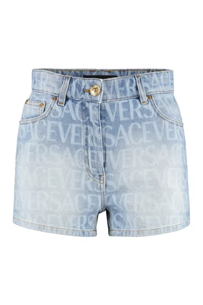 Versace Blue Denim Shorts With All Over Logo Print For Women