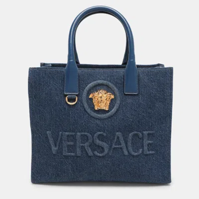 Pre-owned Versace Blue Denim Small La Medusa Tote