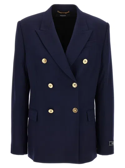 VERSACE BLUE DOUBLE-BREASTED STRETCH WOOL BLAZER