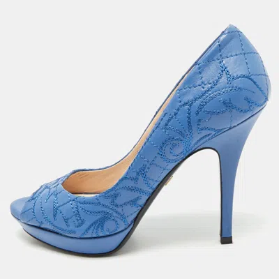 Versace Blue Embroidered Leather Peep Toe Platform Pumps