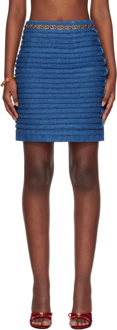 Versace Blue Fitted Denim Miniskirt In 1d800-medium Blue