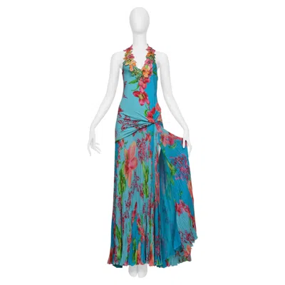 Pre-owned Versace Blue Floral Gown With Beaded Appliques