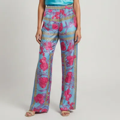 Pre-owned Versace Blue Floral Print Silk Wide Leg Pants S
