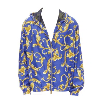 Pre-owned Versace Blue Gold Barocco Istante Print Nylon Windbreaker Jacket It52 Xl