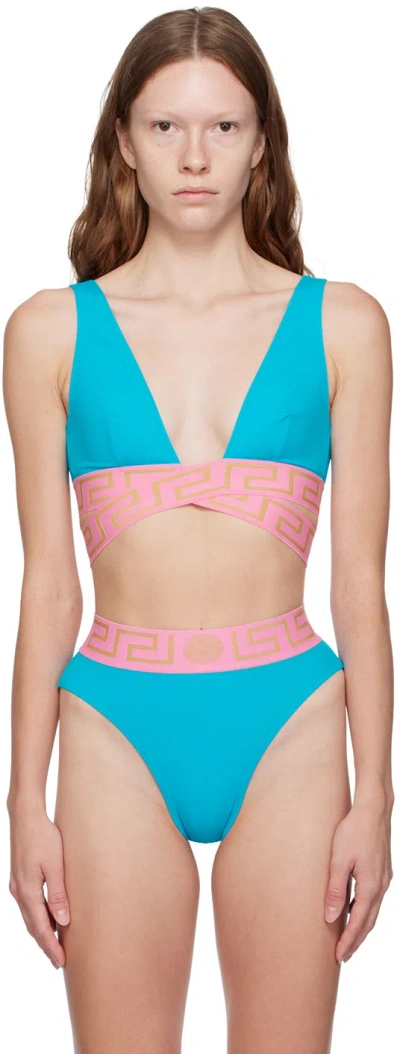 Versace Blue Greca Border Bikini Top In 2vb10 Blue/flamingo