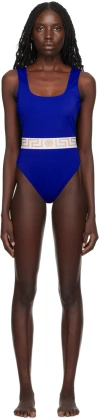 Versace Blue Greca Swimsuit In 2ur30 Blue-wh Gold