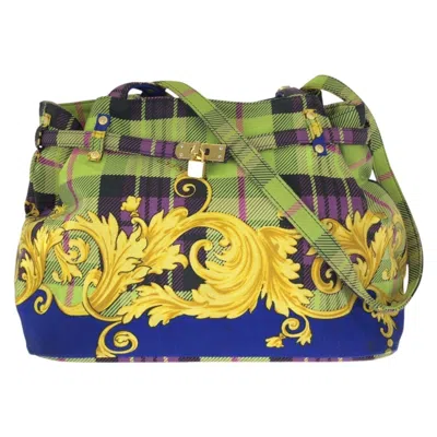 Pre-owned Versace Blue Green Yellow Canvas Shoulder Bag Tote Bag () In Blue, Green, Yellow