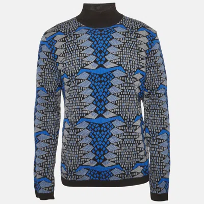 Pre-owned Versace Blue Intarsia Wool Knit Turtle Neck Sweater Xl