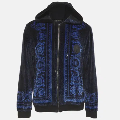 Pre-owned Versace Blue Jacquard Velvet Leather Trim Zip Front Hoodie L