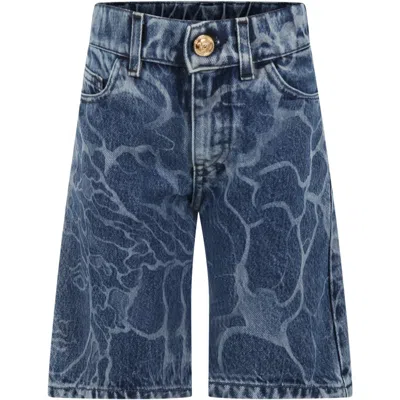 Versace Kids' Blue Jeans Bermuda Shorts For Boy With Print Medusa In Denim