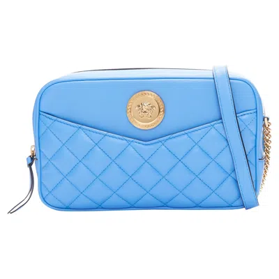 Versace Blue Lambskin Leather Quilted Gold Medusa Chain Crossbody Bag Medium