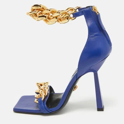 Pre-owned Versace Blue Leather Ankle Strap Sandals Size 38