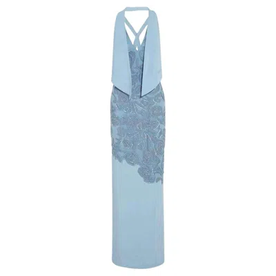 Pre-owned Versace Blue Leather Cutout Lace Embellished Gown It40