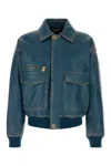 Versace Long-sleeved Leather Jacket In Blue