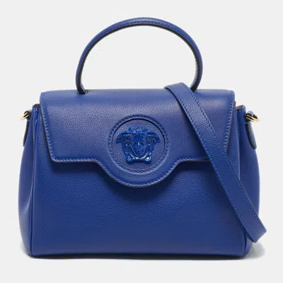 Pre-owned Versace Blue Leather La Medusa Top Handle Bag