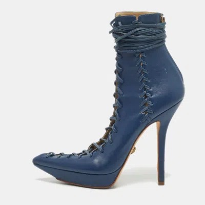 Versace Blue Leather Lace Up Ankle Length Boots