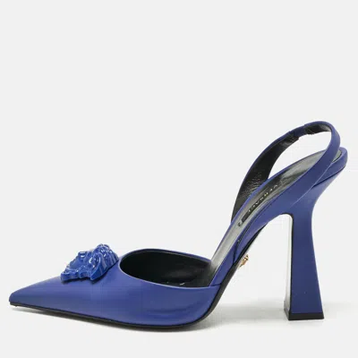 Pre-owned Versace Blue Leather Medusa Slingback Pumps Size 38