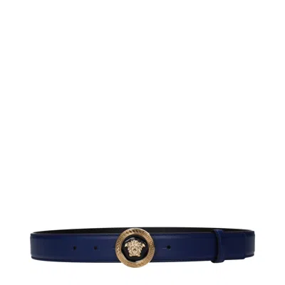 Versace Leather With Medusa Buckle Belt In Blue