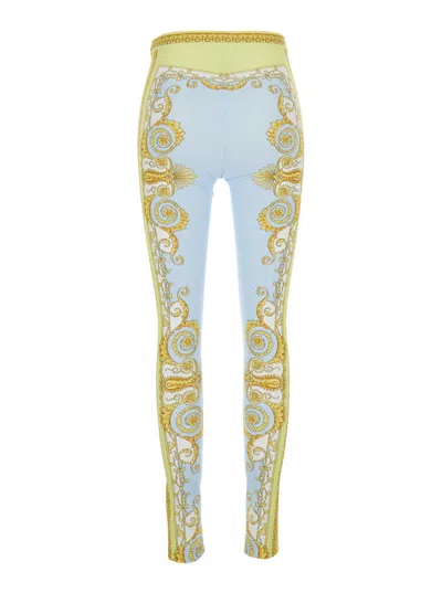 Versace Blue Leggings With All-over Geometric Print In Stretch Fabric Woman In Multi