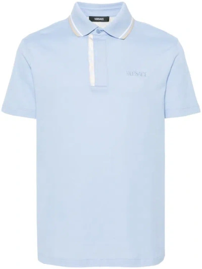 Versace Logo-embroidered Polo Shirt In Blue