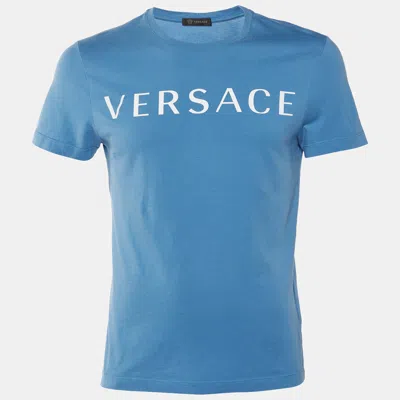 Pre-owned Versace Blue Logo Print Cotton Crew Neck T-shirt S