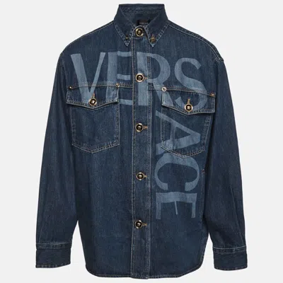 Pre-owned Versace Blue Logo Print Denim College Fit Shirt M
