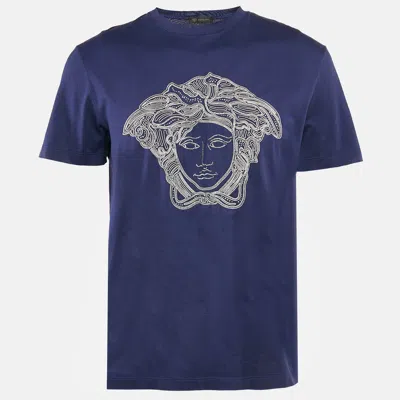 Pre-owned Versace Blue Medusa Embroidered Jersey Crewneck T-shirt L