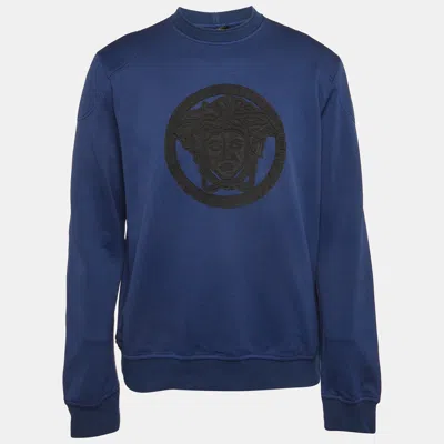 Pre-owned Versace Blue Medusa Leather Trim Knit Crewneck Sweatshirt Xl