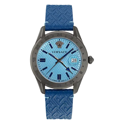 Pre-owned Versace Blue Mens Analogue Watch Greca Time Gmt Ve7c00423