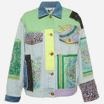 Pre-owned Versace Blue Mixed Print Patchwork Denim Jacket M