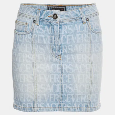 Pre-owned Versace Blue Monogram Denim Mini Skirt S