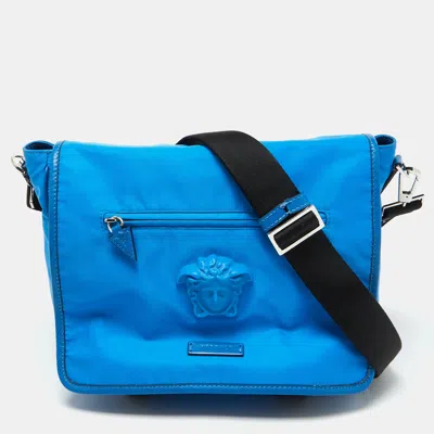 Pre-owned Versace Blue Nylon La Medusa Flap Messenger Bag