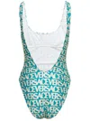 VERSACE VERSACE BLUE ONE-PIECE SWIMSUIT WITH ALL-OVER LOGO LETTERING PRINT IN STRETCH TECH FABRIC WOMAN