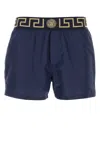 Versace Blue Swim Trunks With Greca And Medusa Head Print On Elastic Waistband In Nylon In Blue