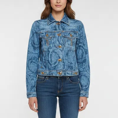 Pre-owned Versace Blue Printed Denim Long Sleeve Denim Jacket S