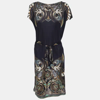 Pre-owned Versace Blue Printed Jersey Belted Mini Dress M