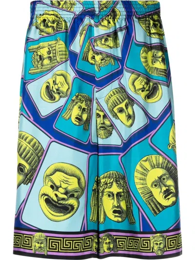VERSACE BLUE PRINTED SILK MEN'S SHORTS FOR SS23