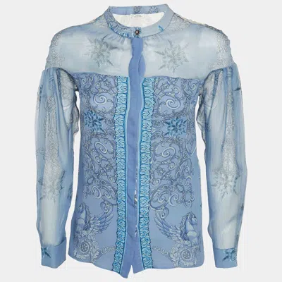 Pre-owned Versace Blue Printed Silk Sheer Shirt S