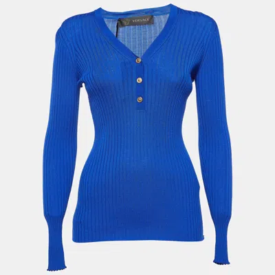 Pre-owned Versace Blue Rib Knit Wool Full Sleeves Button Detail Sweater M