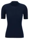 Versace Ribbed Wool Mock Neck Short Sleeve In Blue