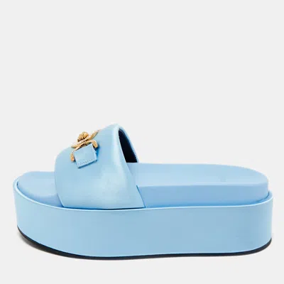 Pre-owned Versace Blue Satin Medusa Biggie Platform Slide Sandals Size 38