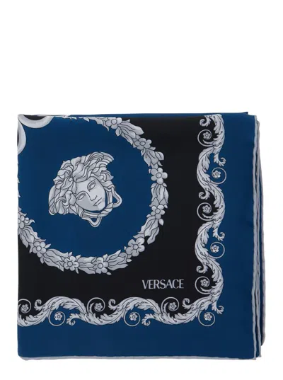 VERSACE BLUE SCARF WITH GEOMETRIC ALL-OVER MOTIF IN SILK MAN