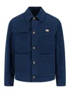 Versace Collared Jacket Front Pockets Gold Tone Hardware In Blue