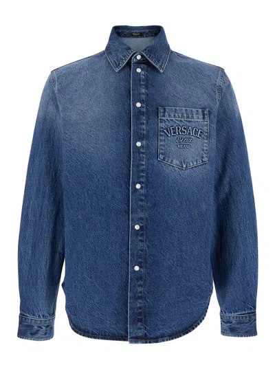Versace Blue Shirt With Lettering Logo Embroidered On The Chest In Denim Man