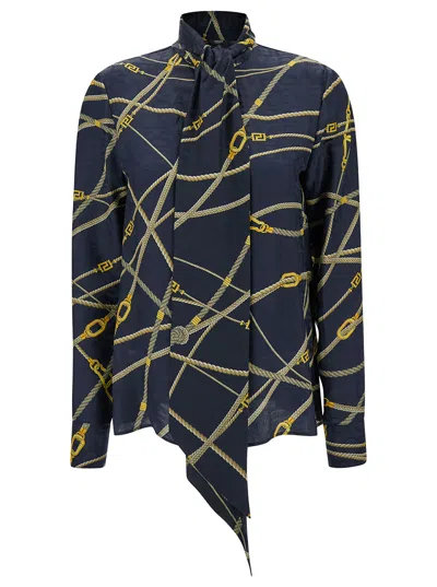 VERSACE VERSACE BLUE SHIRT WITH SCARF AND BAROCCO MOTIF IN SILK BLEND WOMAN