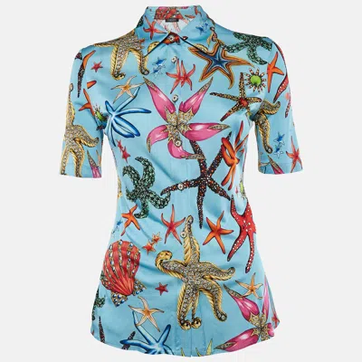 Pre-owned Versace Blue Star Fish Print Jersey Button Front Tresor De La Mer Blouse S
