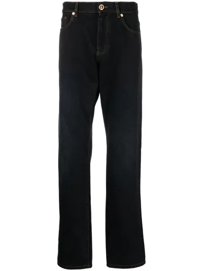 Versace Blue Straight-leg Jeans For Men With Contrast Stitching And Metal Buttons In Denim