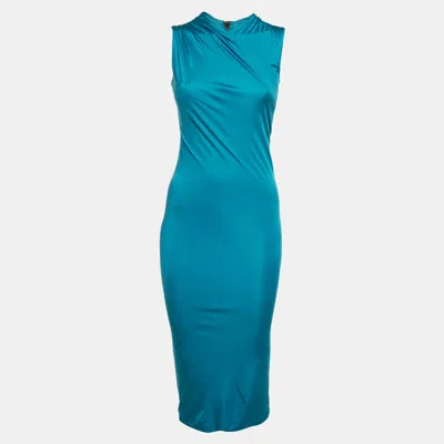 Pre-owned Versace Blue Stretch Satin Ruched Sleeveless Dress Xs