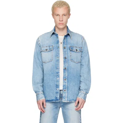 Versace Denim Shirt With Classic Collar And Two Front Patch Pockets For Men In Blue