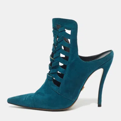 Versace Blue Suede Cutout Pointed Toe Mules